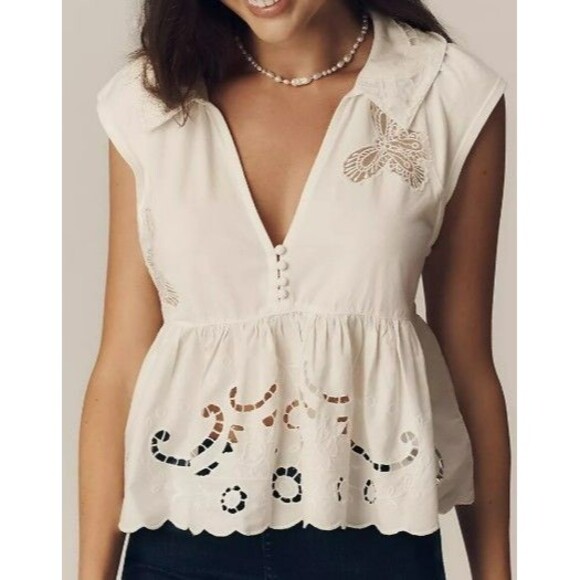 By Anthropologie Cutwork Babydoll Blouse Women's XL White Cotton Butterfly - Picture 2 of 14